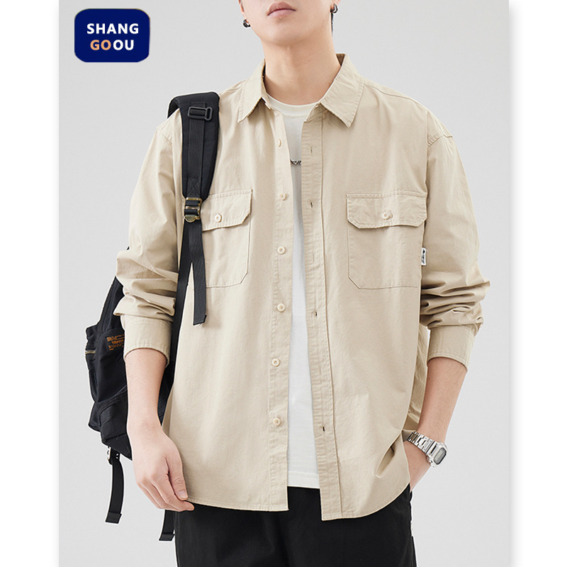 Shanggu Men's Spring and Summer New Japanese Style Cotton Shirt Men's Workwear Loose Pocket Large Size Long Sleeve Shirt Jacket