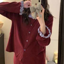 韩国ins女士韩系格子拼接新年红毛巾布睡衣套装休闲舒适家居服女