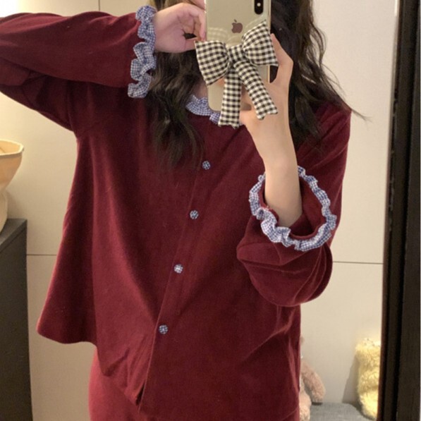 Korean Ins Women's Korean Plaid Splicing New Year's Red Terry Cloth Pajamas Set Casual and Comfortable Home Wear for Women