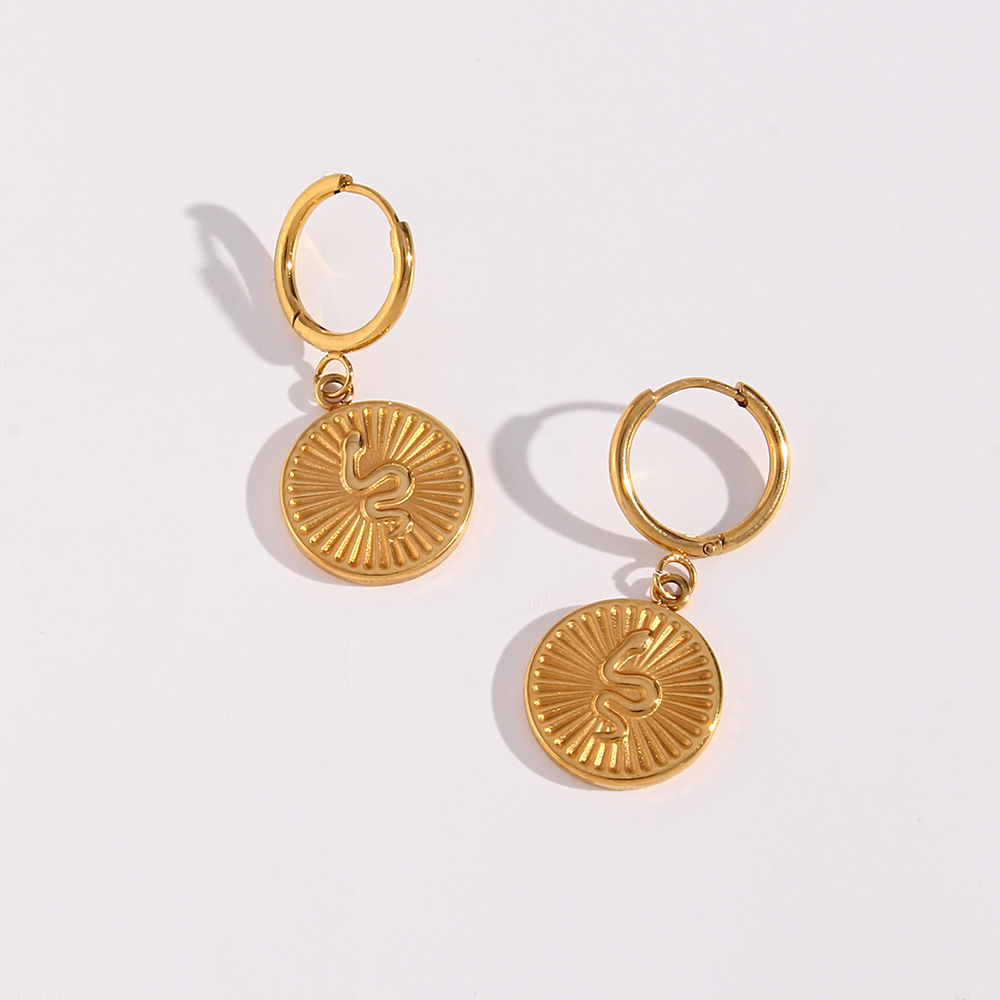 Fashion Carved Ear Hoop Jewelry Stainless Steel Plated 18k Gold Snake Coin Pendant Earrings display picture 2