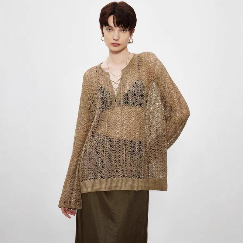 Th~Row Gold and Silver Glitter Mermaid Cut Out Mulberry Silk and Paper Yarn Yellow Jade Lace V Neck Loose Knitted Top