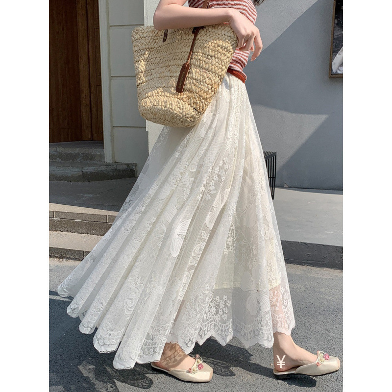 Lace Bottoming Skirt for Women Spring and Summer 2026 New Style Cut Out Large Hem Skirt High Waist Slimming A-Line Mesh Long Skirt
