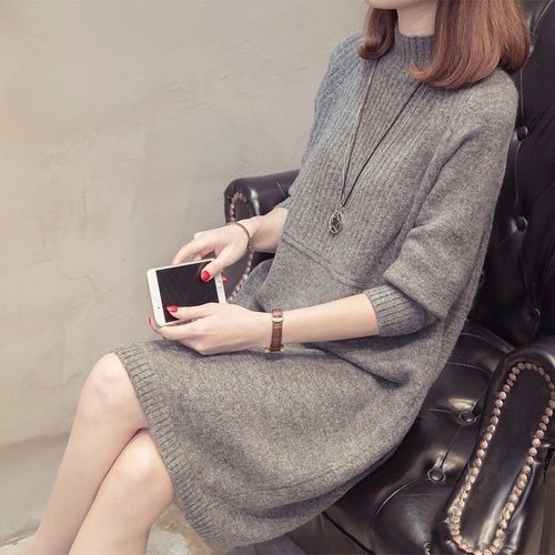 Women's Loose Hooded Knit Dress Long Sleeve Half High Collar Woolen Dress for Autumn and Winter
