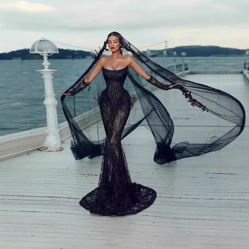 New High-End Long Skirt Coming-Of-Age Fashion Sexy Lace Splicing Banquet Three-Piece Dress with Gloves and Veil