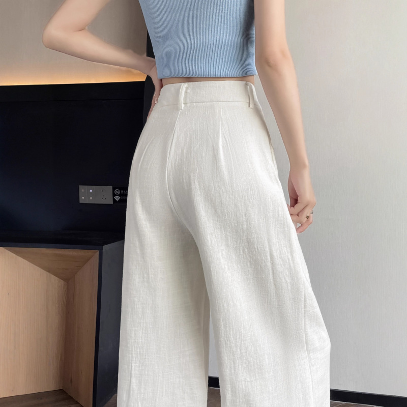 白色天丝亚麻阔腿裤女秋2025新款薄款冰丝直筒宽松休闲西装拖地裤|undefined