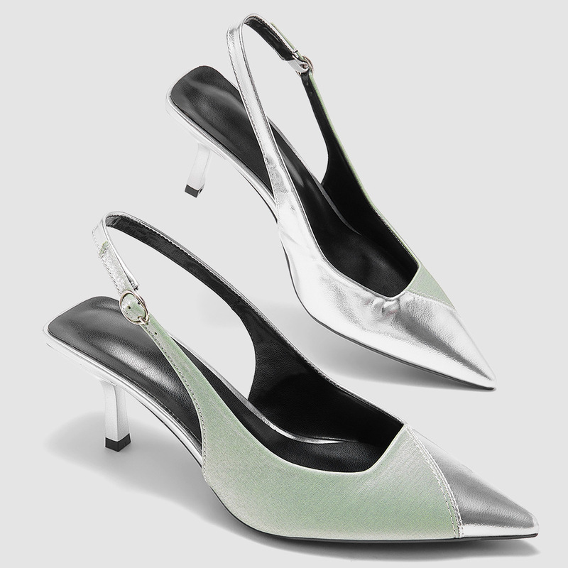 Spring and Summer New Niche Fashion Pointed-Toe Women's High Heels with Silver and Light Green Color-Blocking, Closed-Toe Backless Sandals for Women Spring and Summer New Niche Fashion Pointed-Toe Women's High Heels with Silver and Light Green Color-Blocking, Closed-Toe Backless Sandals for Women
