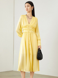 2025 New Yellow French V-neck Fashion dress Spring and Summer Elegant Socialite Waist Vacation Chiffon Long Dress