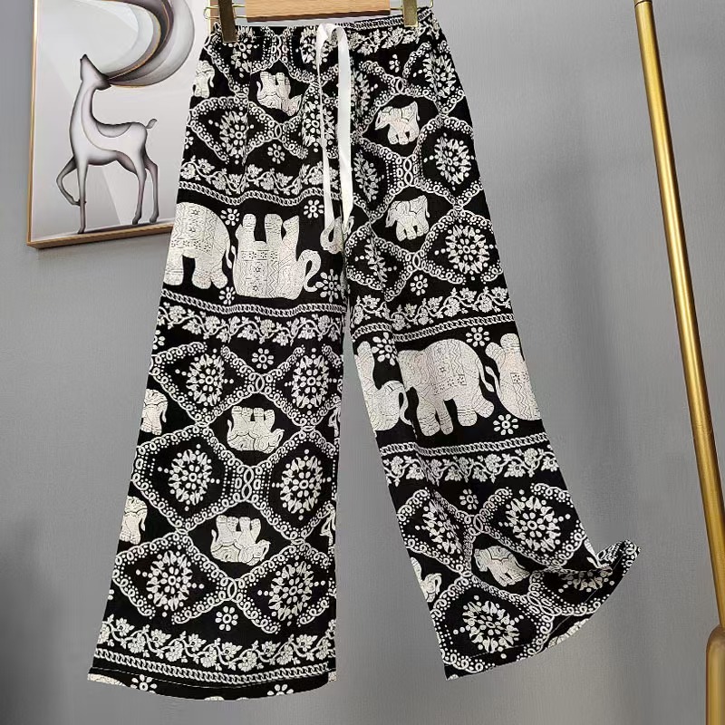 Pijama de seda de algodón para mujer, pantalones anchos de mujer embarazada de seda de algodón con estampado fino de verano