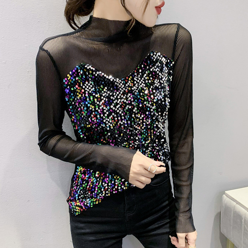 Real shot 2022 early spring new Christmas New Year party sequined women's top bottoming shirt long sleeve T-shirt women's hair