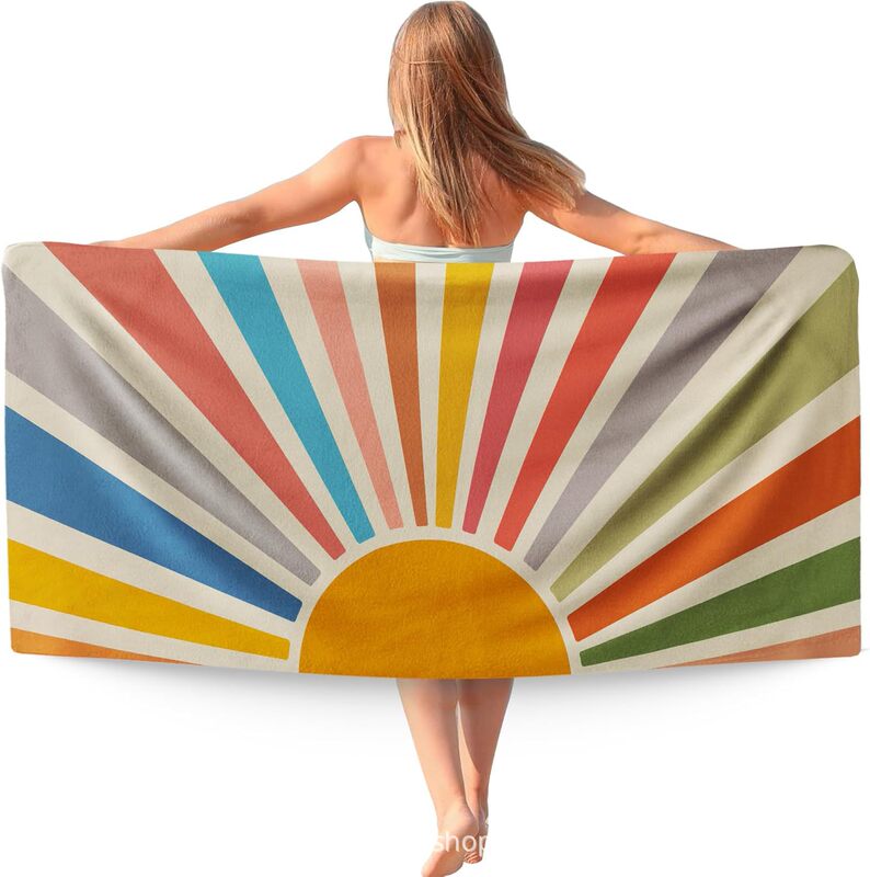 Retro Sun Waffle Beach Towel Microfiber Shawl Printed Water Absorbent Quick Drying Beach Swimming Printed Bath Towel