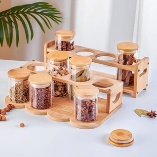 Household Oil Bottle Shelf Bracket Glass Seasoning Jar Oil Bottle Oil Pot Complete Set with Wooden Frame for Kitchen Use