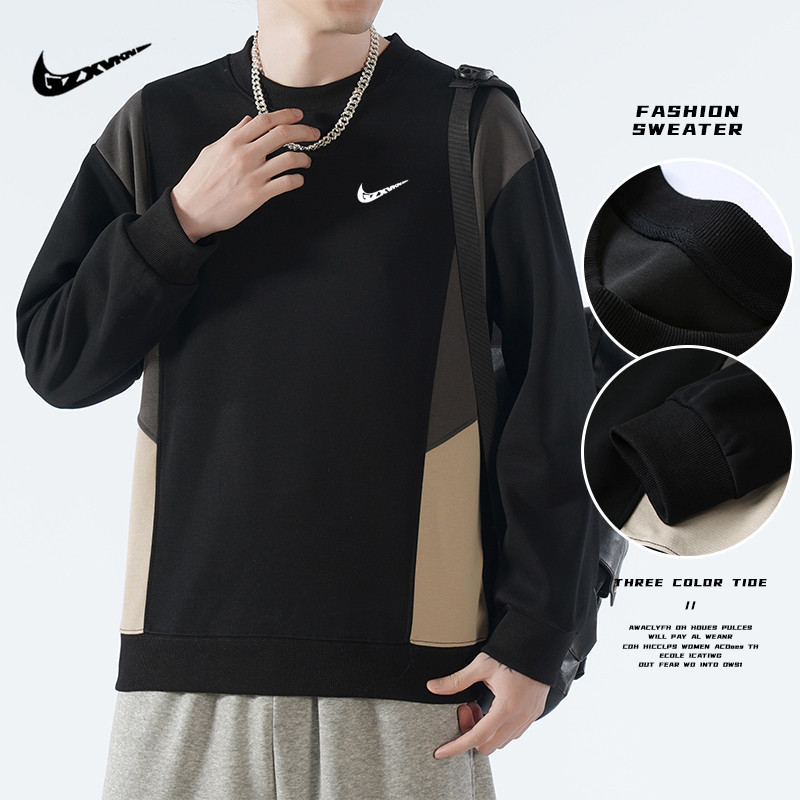 Autumn Japanese Style Sweatshirt Men's Round Neck Knitted Cotton Sports Long-Sleeved T-Shirt Splicing Loose Pullover Casual Top for Men