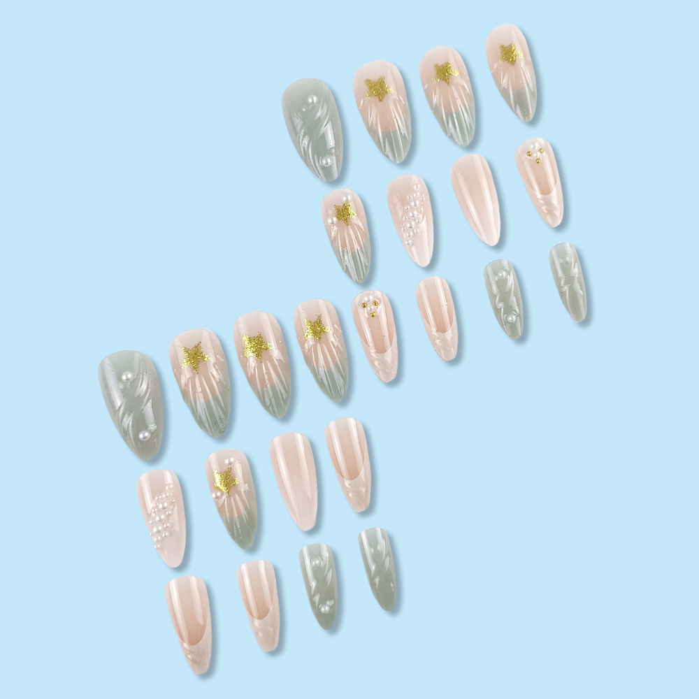 Venta caliente transfronteriza Dream Ocean Nail Pian 3D Stereo Pearl Wear Armor 24 piezas Parche de uñas de estrella de brillo