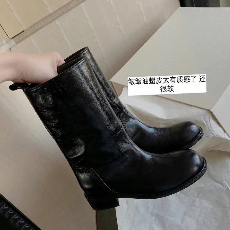 牛皮版~复古gao级感宽筒真皮粗跟中筒西部骑士短靴女秋冬季马丁靴|undefined