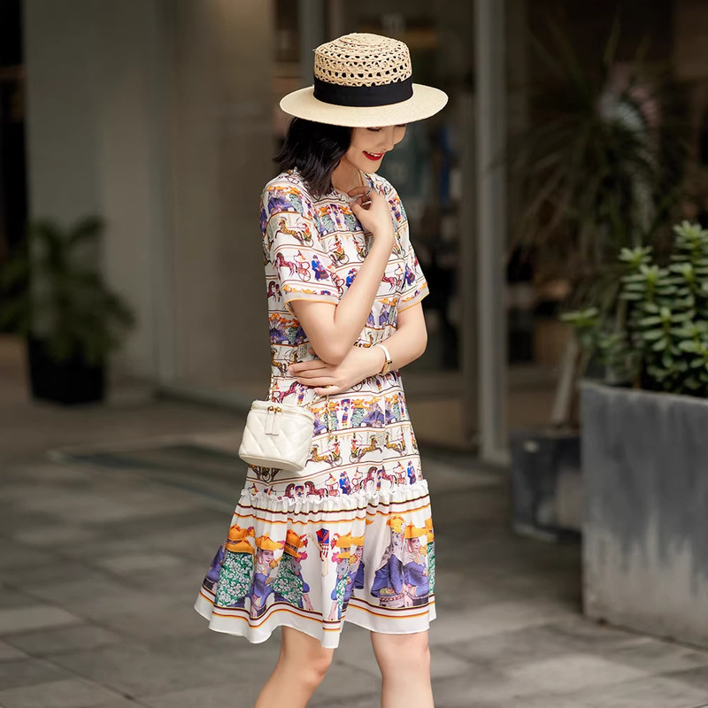 75271 Childlike Carousel Silk Print Dress for Petite Figures, Printed Cake Dress, New 2024 Women's Fashion 75271 Childlike Carousel Silk Print Dress for Petite Figures, Printed Cake Dress, New 2024 Women's Fashion
