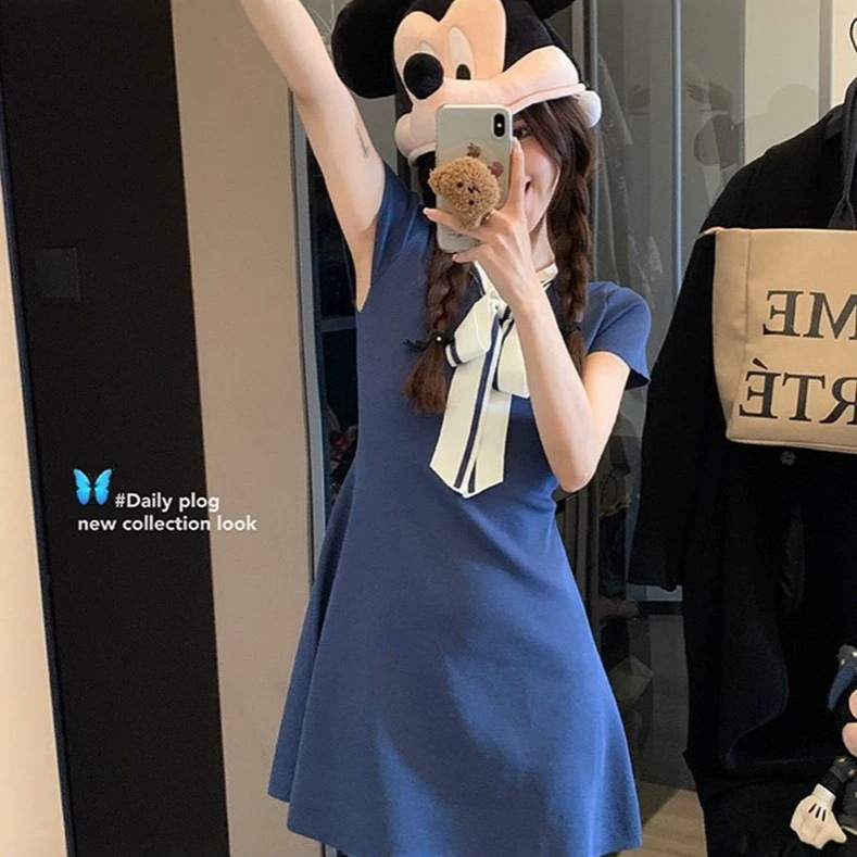 Korean-Style College-Style Navy Collar Design 2026 Summer New Niche Fashion Waist-Cinching Versatile Knit Dress
