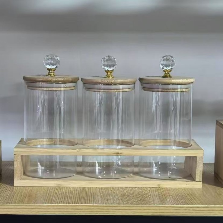 alta borosilicona vidrio condimento lata cubierta de madera de bambú con cuchara condimento lata cocina doméstica almacenamiento condimento lata spot