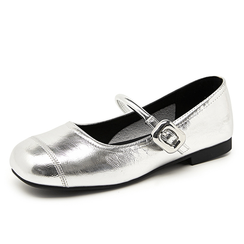 Super explosión plateada zapatos mary-zhen mujer 2025 nueva primavera francesa cabeza redonda zapatos de cuero de tacones bajos zapatos de sola suave