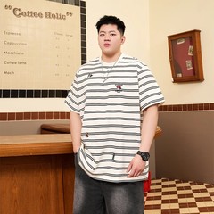 トレンディなブランド大きいサイズメンズ刺繍半袖Tシャツメンズ夏ルーズプラスファットプラスサイズカジュアルストライプ半袖Tシャツ