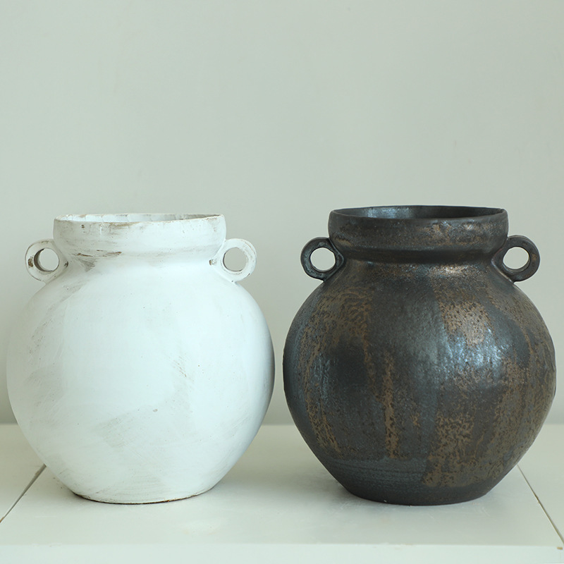 景德镇日式侘寂风纯手工双耳花瓶陶艺茶空间花器摆件复古陶罐