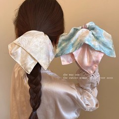 新しい中国風のブルーのブルーミングサテンスクエアスカーフ女性用ヘアバンド、ハイエンドの特大ヘアタイスクエアヘッドバンドヘアアクセサリー