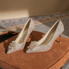 819-2 尖頭高跟鞋女2024年新款法式金色亮片新娘婚鞋細跟伴娘鞋