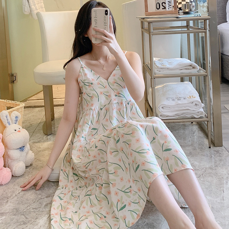 Correa de verano camisón de las mujeres sexy delgada pijamas de seda de algodón artificial desgaste del hogar coreano dulce niña vestido de seda de algodón