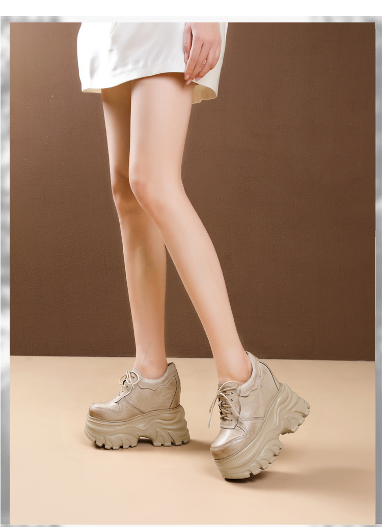 Giày thể thao nữ đế xuồng platform cao 14 cm, da thật, phong cách mới — màu nâu chi tiết 8