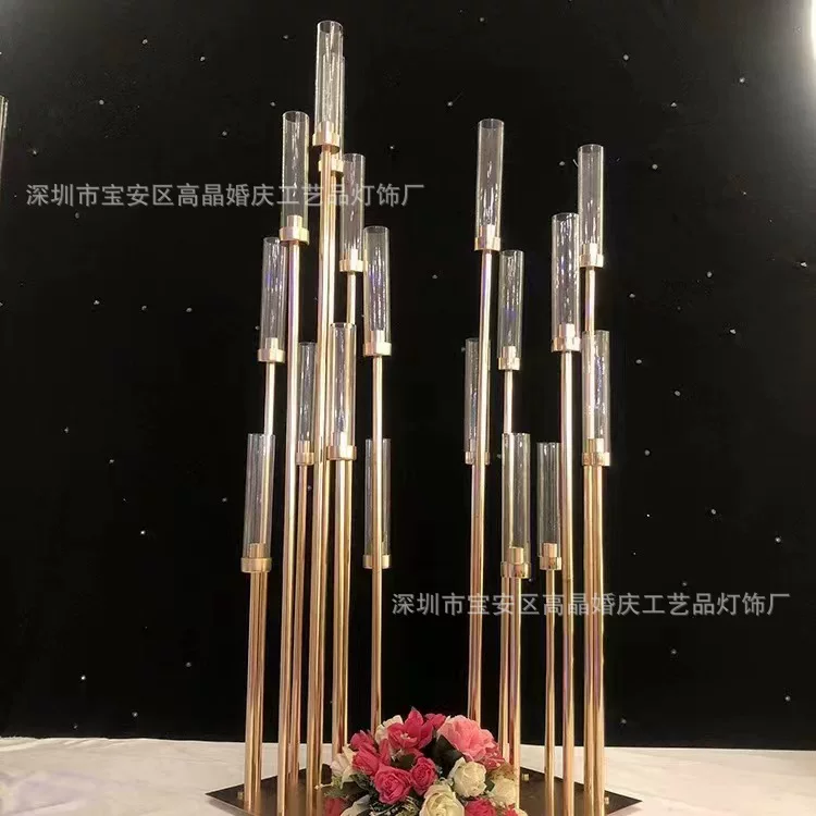 Железная много-глав candlestick гальваника металл секция высокий подсвечник свадебное украшение главный стол компоновка фестиваль вечеринка дорожка ведущий