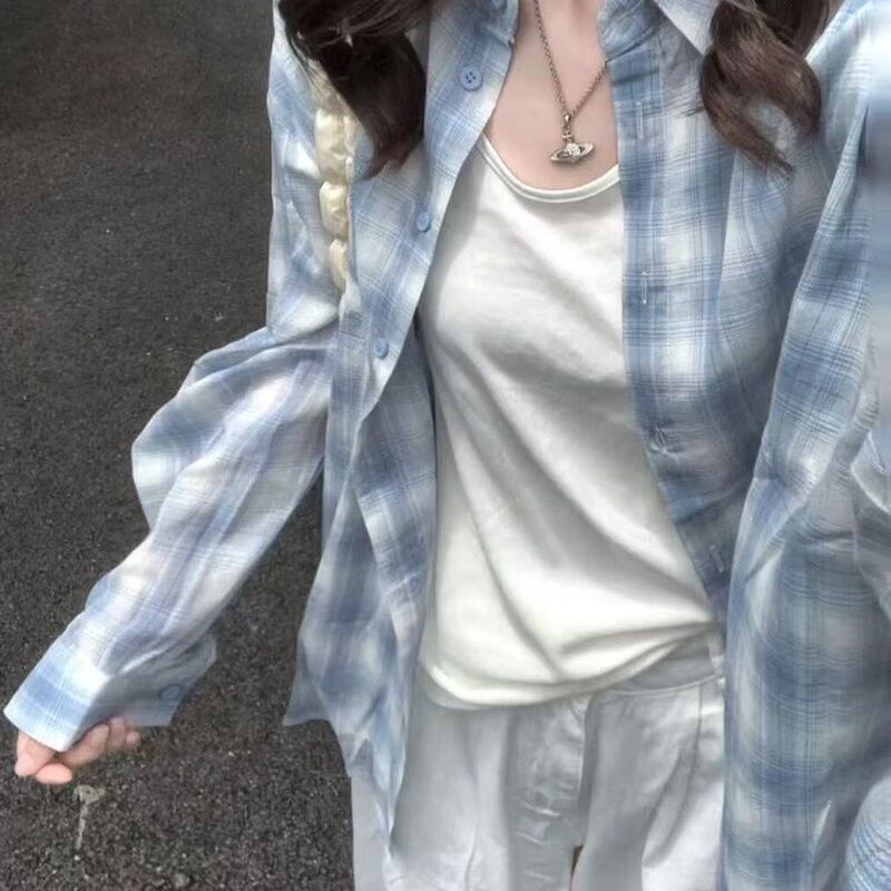 Casual Blue Plaid Long-Sleeve Versatile 2025 Shirt New Style Lazy Loose Sun-Protection Shirt Top Jacket Manufacturer