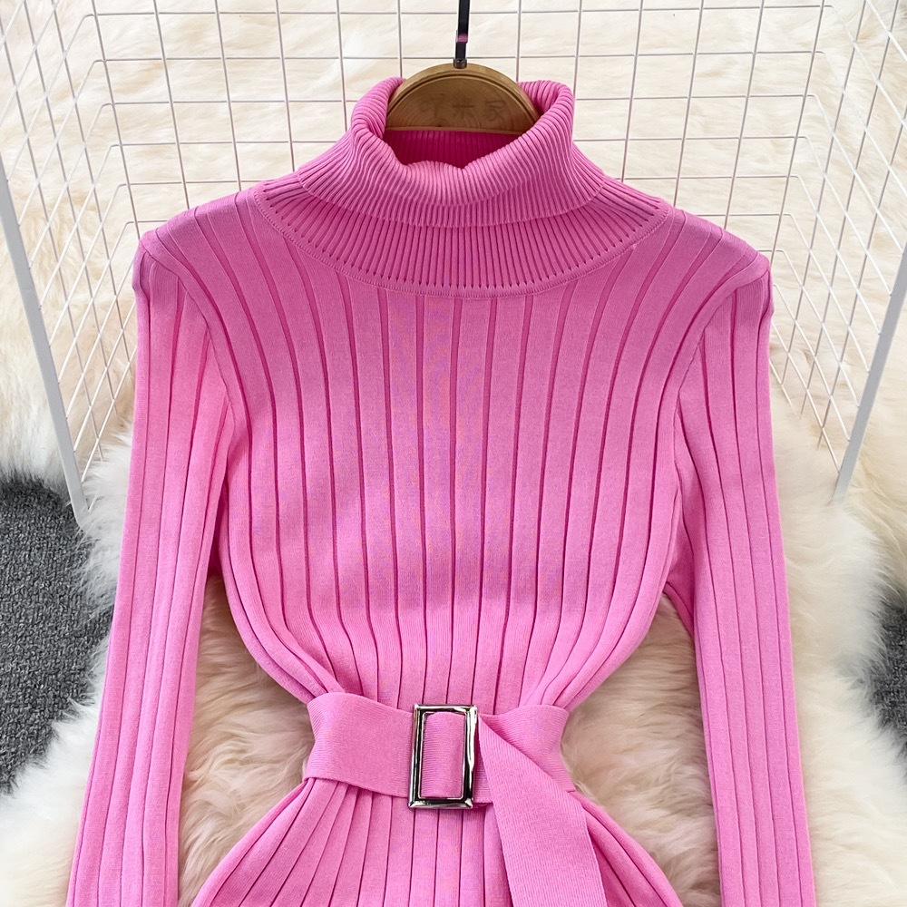Damenbekleidung Herbst- und Winterpullover mit langem Rock im Göttinnenstil, hohe Taille, elastisch, eng gestrickt, hüftbedeckendes Kleid_voghion.com