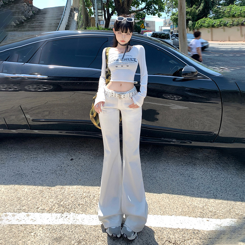 白色美式辣妹低腰微喇牛仔褲女秋季新款闊腿百搭不貼腿喇叭拖地褲