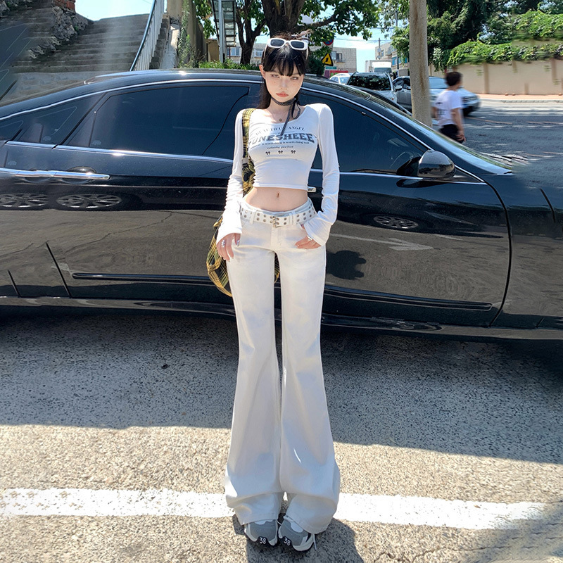 White American Style Hot Girl Low Waist Micro-Raise Jeans Women's Autumn New Arrival Wide-Leg All-Match No-Leg Trumpet Pants