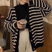 2022秋季新款韓版女式寬松版黑白條紋毛衣外套氣質街拍外穿針織衫