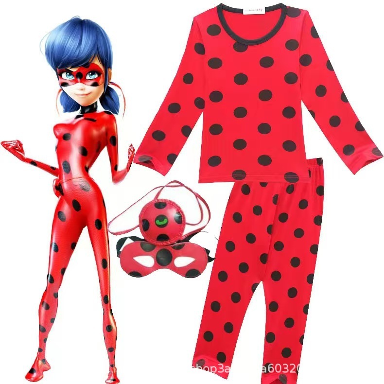 瓢虫少女衣服雷迪cos服装成人儿童黑猫瓢虫角色扮演假发腰包眼罩|undefined