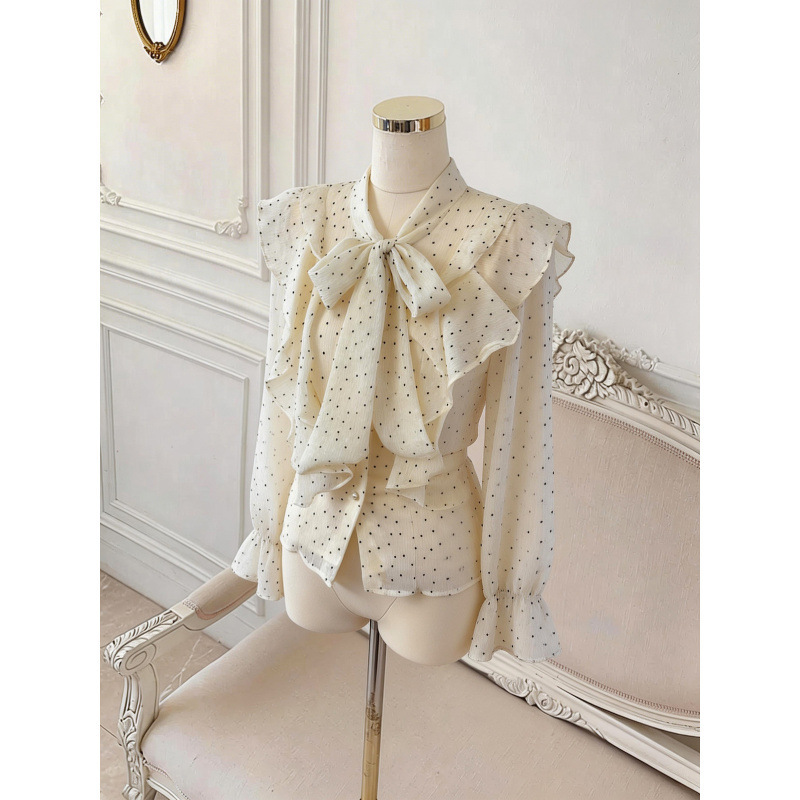 Tangtang~ French-Style Socialite Ruffled Velvet Heart-Shaped Pearl Button Long-Sleeve Shirt for Women
