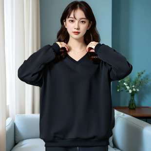 60.00 kg-175.00 kg plus size Women's Nine-color Casual Loose Sweat 2024 Fall/Winter New V-neck Solid Color Long Sleeve Top
