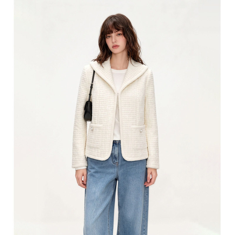 Áo khoác ngắn nữ dáng vest chất liệu len cừu phối vải tweed thanh lịch — Vanilla trắng