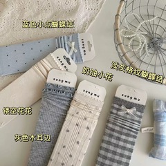 蓝灰系设计感格子蝴蝶结袜子女韩系甜美少女风双木耳边jk中筒袜潮