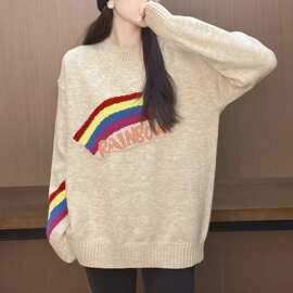 彩虹条毛衣女多巴胺穿搭设计慵懒风潮字母套头针织衫加厚上衣
