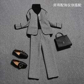 欧洲站春秋新款时尚毛呢套装女千鸟格子外套阔腿裤洋气两件套新品