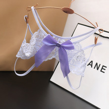 欧美大码内裤女低腰透明蕾丝火辣镂空加大加肥情调蝴蝶结丁字裤头