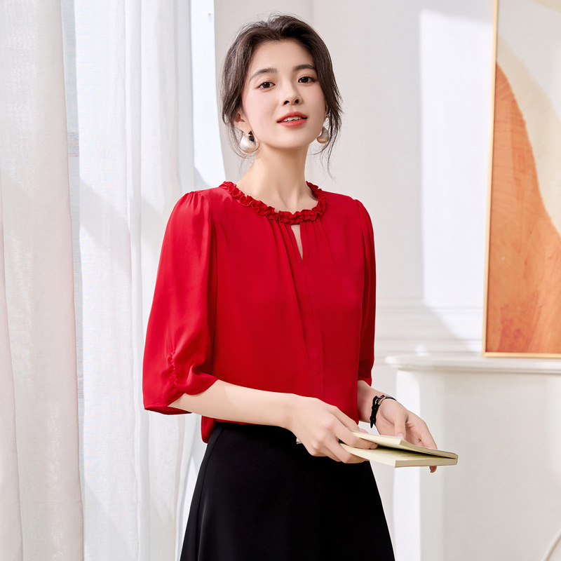 2025 New Summer Silk Shirt, Feminine, Slimming Look, Pure Color, Simple Lace Collar Pullover Top A3661