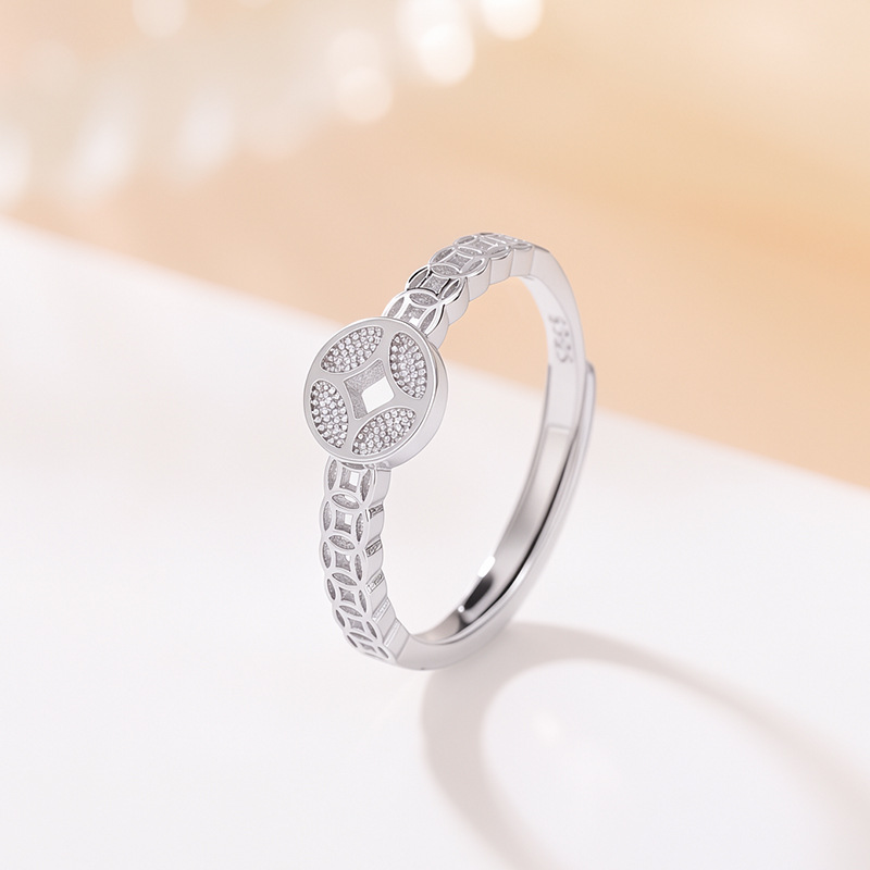 Nhẫn bạc sterling S925 hình đồng xu phong cách Trung Hoa, thiết kế mở điều chỉnh được — Một mảnh