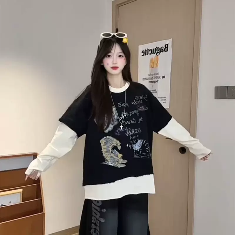 学院风涂鸦印花假两件长袖T恤女早春新款宽松小众设计感撞色上衣