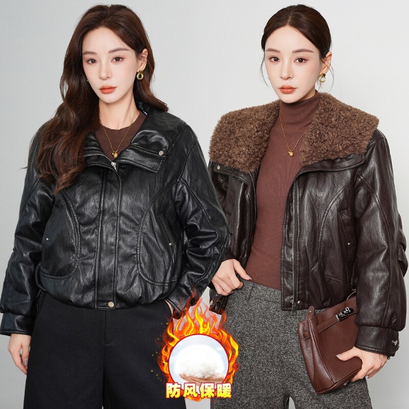 Brand Counter Same Style Goatskin down Leather Jacket for Women Winter Lamb Fur Collar Lapel Thickeneded Warm Short Jacket