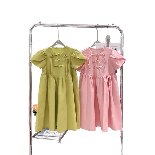 Girls' Summer Short-Sleeve Dress in Traditional Chinese Style, Solid Color, Suitable for Middle and Large Children, Elegant and Fashionable, Chic and Charming, Princess Dress