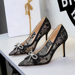 1963-H133 European and American sexy slim heel high heels women's lace mesh water diamond bow pointed temperament single shoes