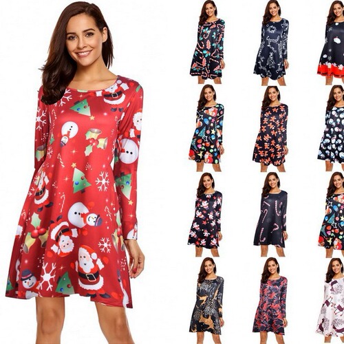 Women's eBaywish Christmas Print Dress, Multi-Print Long Sleeve, Elegant Christmas Limited Edition