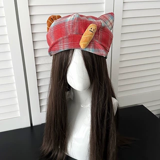 复古红格猫耳贝雷帽女可爱牛角包立体公仔八角报童帽成人显脸小